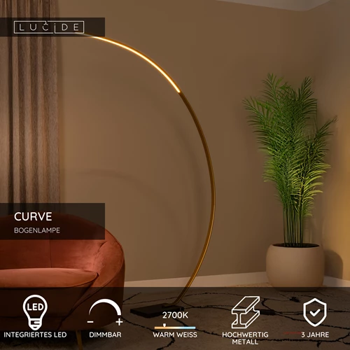 Lucide CURVE - Bogenlampe - LED Dim. - 1x15W 2700K - Mattes Gold / Messing - USP
